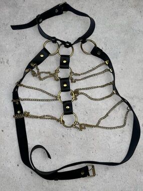 Black Faux Leather & Gold Chain Body Harness - Women Accessories
